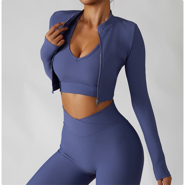 Women’s 3-Piece Gym Tracksuit – Jacket, Sports Bra & Leggings for Yoga & Fitness - ApexFitSupply