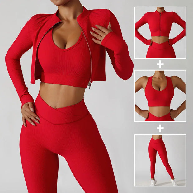 Women’s 3-Piece Gym Tracksuit – Jacket, Sports Bra & Leggings for Yoga & Fitness - ApexFitSupply