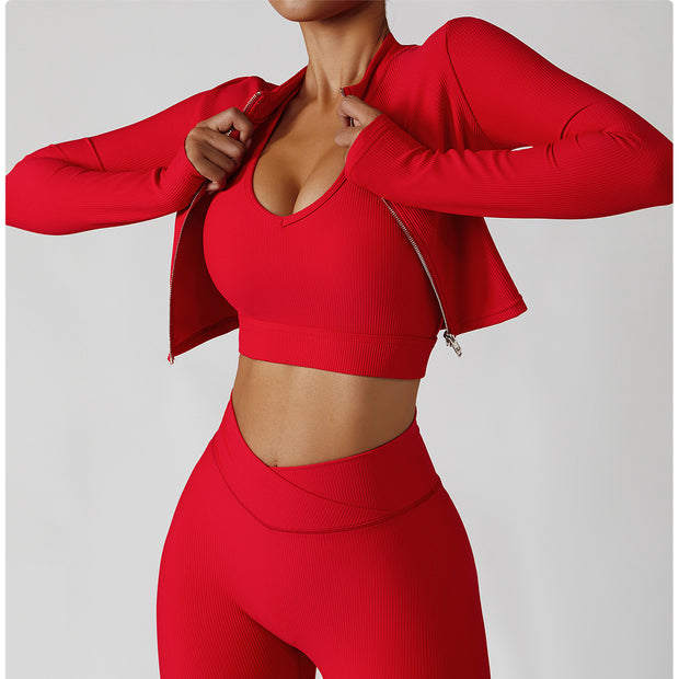 Women’s 3-Piece Gym Tracksuit – Jacket, Sports Bra & Leggings for Yoga & Fitness - ApexFitSupply