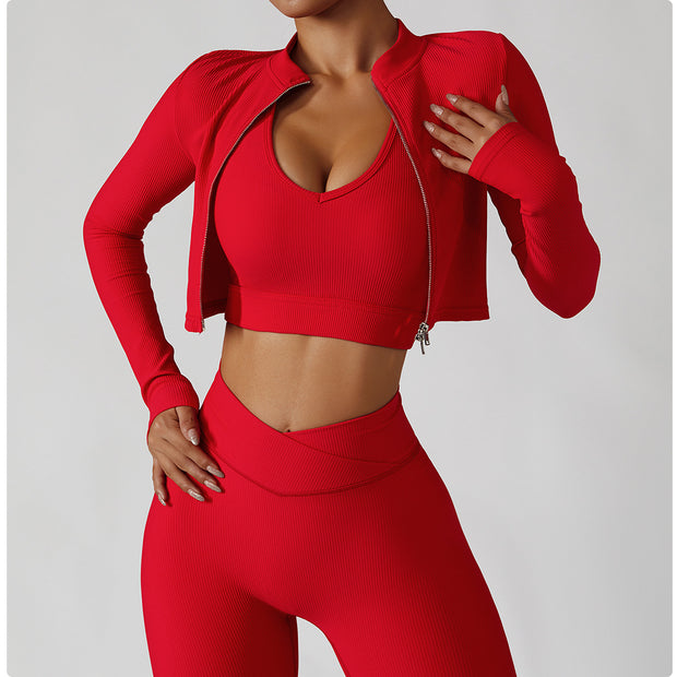 Women’s 3-Piece Gym Tracksuit – Jacket, Sports Bra & Leggings for Yoga & Fitness - ApexFitSupply